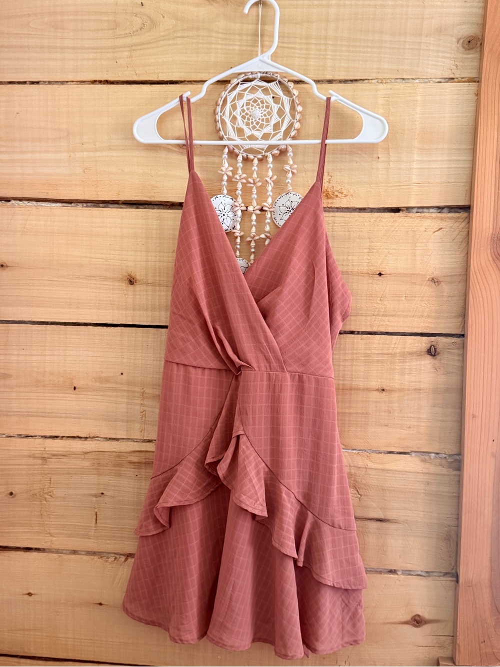 Spaghetti Strap Ruffle Wrap Mini Dress in Rust Pink
